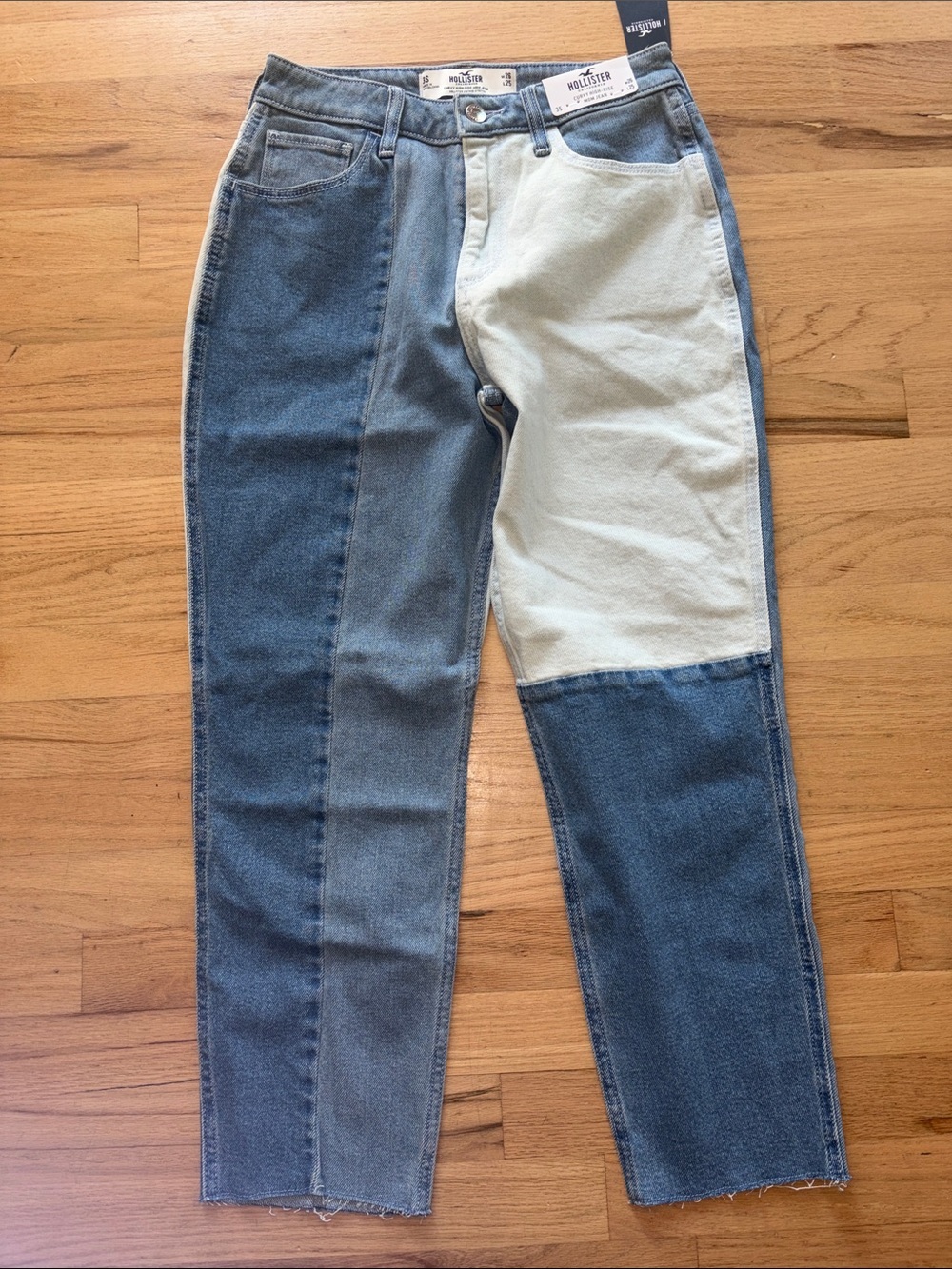 Hollister Contrast Patchwork Denim Jeans in Dark and Light Blue